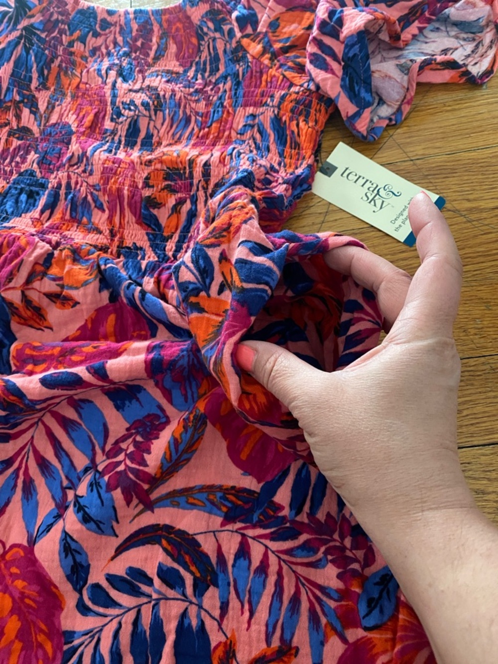 Terra & Sky Pink Floral Dress with Blue and Purple Leaves and pockets! - Picture 7 of 7